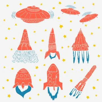 Set of hand drawn rockets. Space shuttle. UFO Stock Illustration