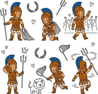 Set of Hand Drawn Roman Gladiator Illustrations with Trident and Net. Illustrazione stock