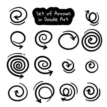 Set of hand drawn rotating and swirl arrows in various simple round styles .. Stock Illustration