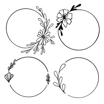 Set of hand drawn round doodle floral with leaves on white background Stock Illustration