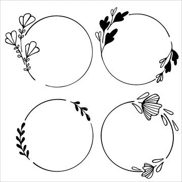Set of hand drawn round doodle floral with leaves on white background Stock Illustration