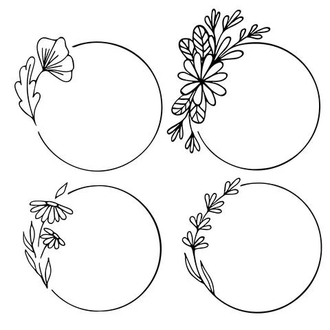 Set of hand drawn round doodle floral with leaves on white background Stock Illustration