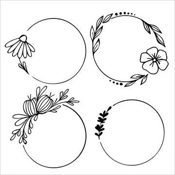 Set of hand drawn round doodle floral with leaves on white background Stock Illustration