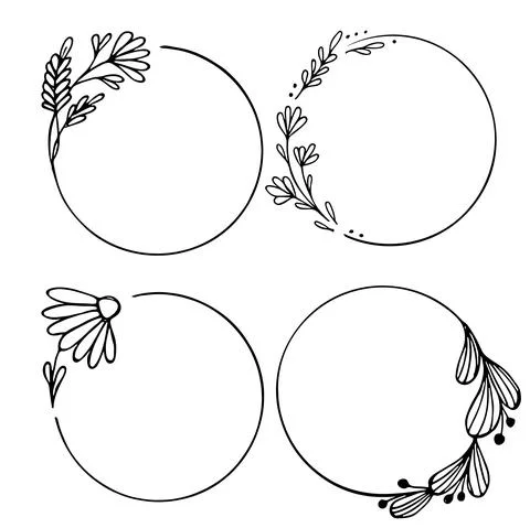 Set of hand drawn round doodle floral with leaves on white background Stock Illustration
