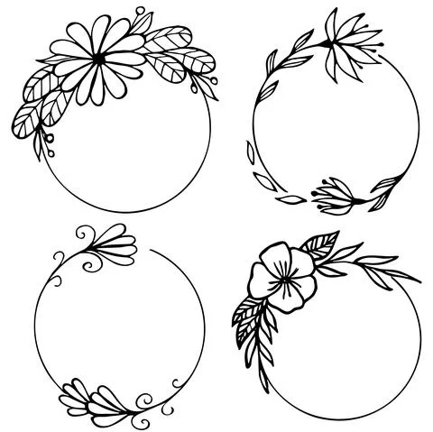 Set of hand drawn round doodle floral with leaves on white background Illustrazione stock