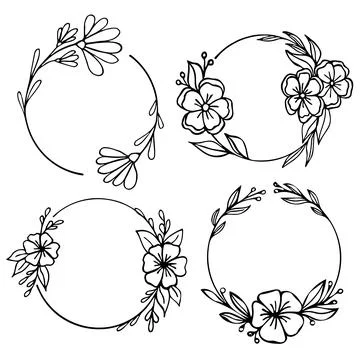 Set of hand drawn round doodle floral with leaves on white background Illustrazione stock
