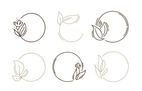 Set of Hand drawn round minimalistic frames with branch line wreath. Vector Illustrazione stock