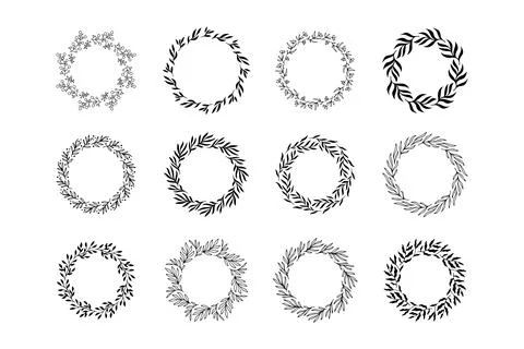 Set of hand drawn round spring wreaths isolated. Collection doodle floral frames Stock Illustration
