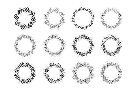 Set of hand drawn round spring wreaths isolated. Collection doodle floral frames Stock Illustration