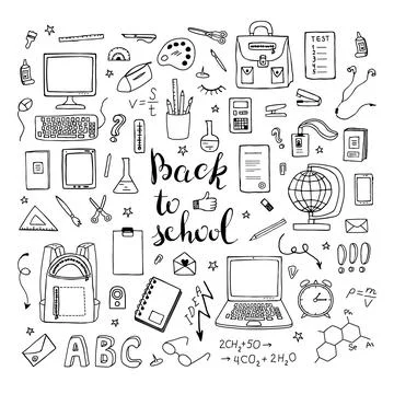 Set hand drawn school items on a sheet with lettering Back to School. Illustrazione stock