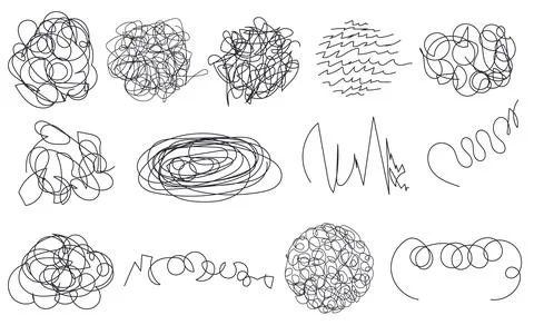 Set of hand-drawn scribbles, each isolated on white background. Stock Illustration