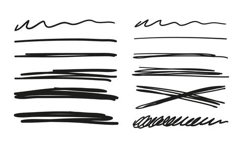 Set of hand drawn scribbles, strikethroughs, blots in text, highlighter, pen Stock Illustration