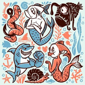 Set of hand drawn sea creature elements Stock Illustration