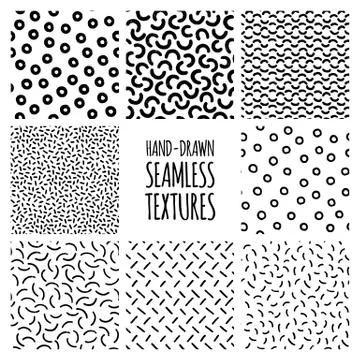 Set of hand-drawn seamless black and white textures with dots, circles 库存插图