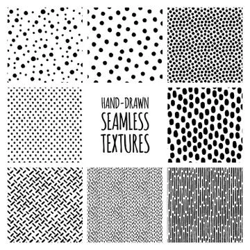 Set of hand-drawn seamless black and white textures with dots, circles Stock Illustration