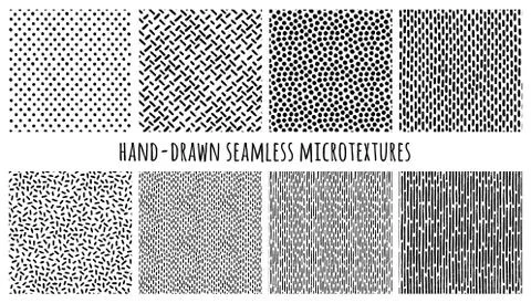 Set of hand-drawn seamless black and white textures with dots, circles, lines Stock Illustration