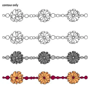 Set of hand drawn seamless border with flowers, ruches, and beads. Stock Illustration