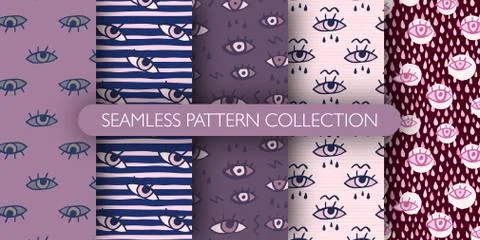 Set of hand drawn seamless pattern with eyes and drops. Eye ornament collecti Stock Illustration