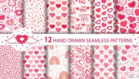 Set of hand drawn seamless patterns with cute red and pink hearts, rainbows Stock Illustration
