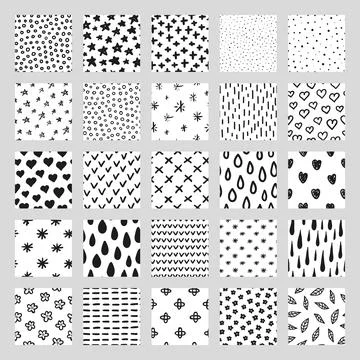 Set of hand drawn seamless patterns with textures. Stock Illustration