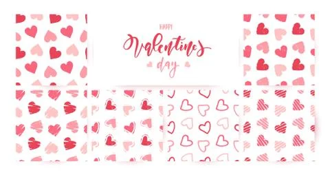Set of hand drawn seamless pink heart patterns and calligraphy inscriplion Stock Illustration