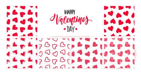 Set of hand drawn seamless red heart patterns and calligraphy inscriplion Illustrazione stock