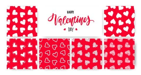 Set of hand drawn seamless red heart patterns and calligraphy inscriplion Stock Illustration