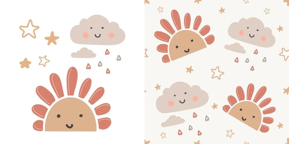 Set hand drawn seamless vector pattern with cute sun, clouds, on a white イラスト素材