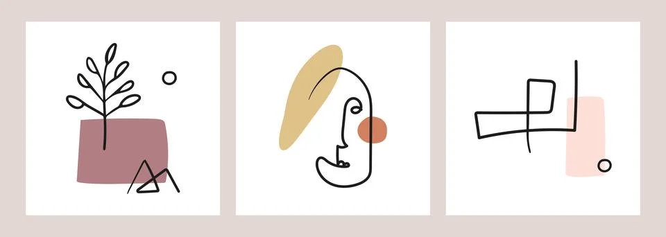 Set of hand drawn shape and line art objects, modern portrait, mountain, line Stock Illustration