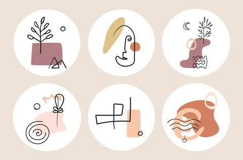 Set of hand drawn shape and line art objects, modern portrait, mountain, lake Stockillustratie