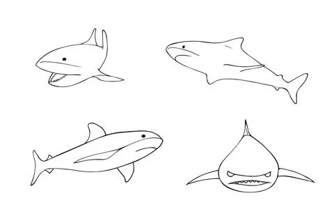 Set of hand drawn shark in different positions.  Doodle style outline illus.. Stock Illustration