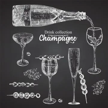 Set hand drawn sketch bottle and glasses champagne on black chalckboard, Vint Stock Illustration