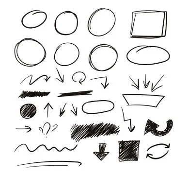 Set of hand drawn sketch elements. Strokes, arrows, scribble elements Illustrazione stock