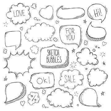 Set of hand drawn sketch Speach bubbles. Vector illustration. 스톡 일러스트