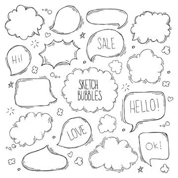 Set of hand drawn sketch Speach bubbles. Vector illustration. 스톡 일러스트