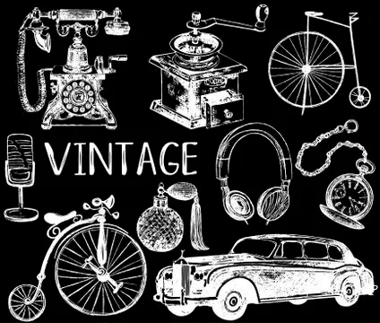Set of hand drawn sketch style different vintage objects isolated on black ba Stock Illustration
