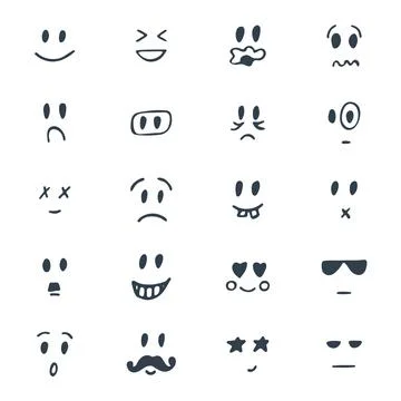 Set of hand drawn smiley faces. Sketched facial expressions set Stock Illustration