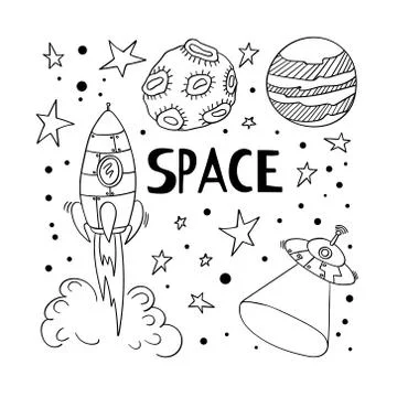 Set of hand drawn space elements Stock Illustration
