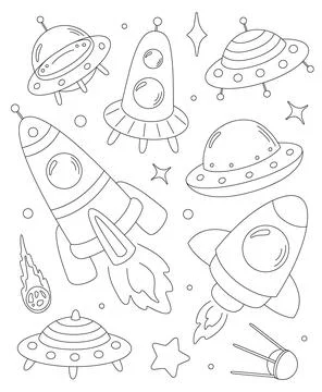 Set of hand drawn space rockets for coloring Stock Illustration