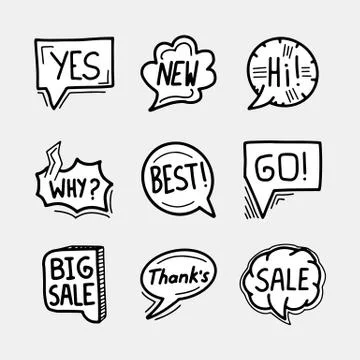 Set of hand drawn speech bubbles, clouds and balloons with some text. Social web 스톡 일러스트