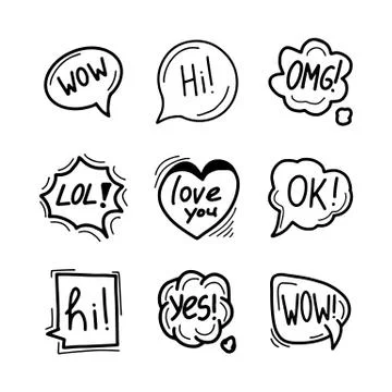 Set of hand drawn speech bubbles, clouds and balloons with some text. Social web 스톡 일러스트