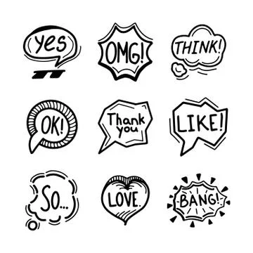 Set of hand drawn speech bubbles, clouds and balloons with some text. Social web 스톡 일러스트