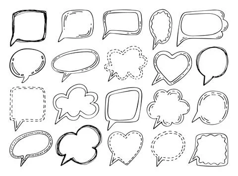 Set of hand drawn speech bubbles. Blank text box. Vintage badge, thought, mes Illustrazione stock