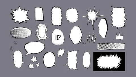 Set of hand drawn speech bubbles and design elements in manga style Stock Illustration