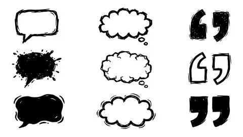 Set of hand drawn speech bubbles and quotation mark icons for social media Stock Illustration