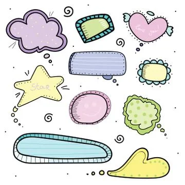 Set of hand drawn speech thought bubbles. Colorful cute elements Stock Illustration