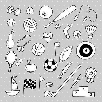 Set of hand drawn sport elements. Sport equipments icons collection. Fitnes.. Stock Illustration