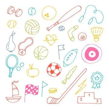 Set of hand drawn sport elements. Sport equipments icons collection. Fitnes.. Illustrazione stock