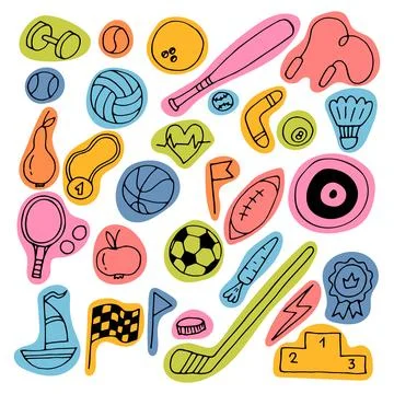 Set of hand drawn sport elements. Sport equipments icons collection. Fitnes.. Stock Illustration