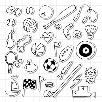 Set of hand drawn sport elements. Sport equipments icons collection. Fitnes.. イラスト素材